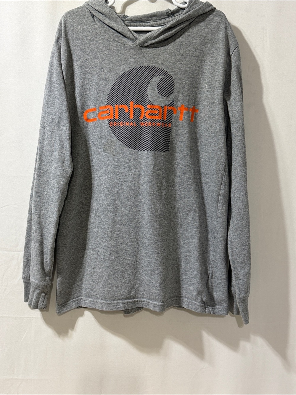Carhartt Gray Hooded Long Sleeve Shirt with Orange Logo